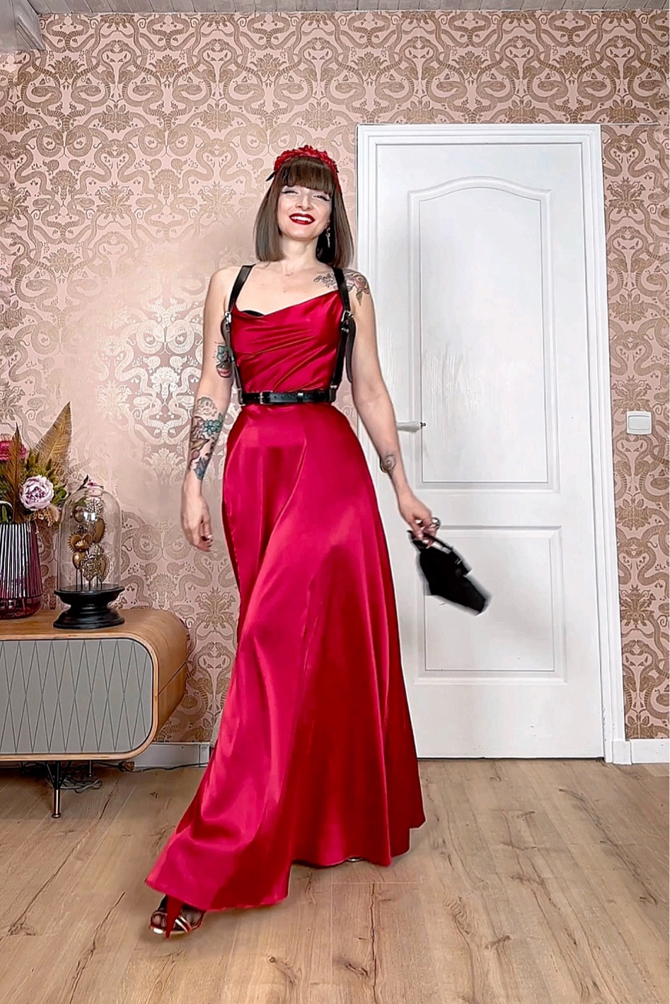 open lace back dress Cherry Red Halter Mini Dress | Diamond Appliqué Cocktail Dress main image 1