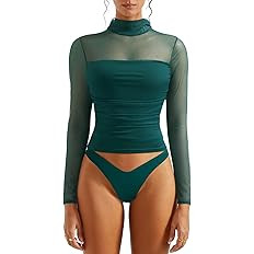SUUKSESS Women Double Line Mesh Sheer Crop Tank Tops Mock Neck Long Sleeve Shirts | Amazon (US)