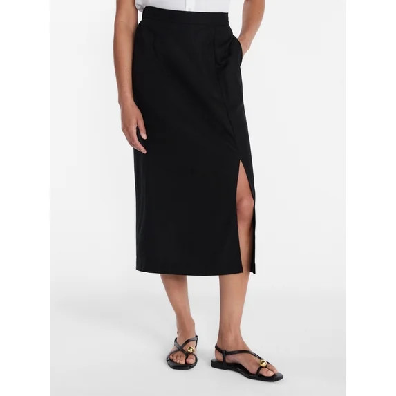 Time and Tru Women's and Women’s Plus Linen Blend Midi Skirt with Side Slit, Sizes XS-XXXL | Walmart (US)