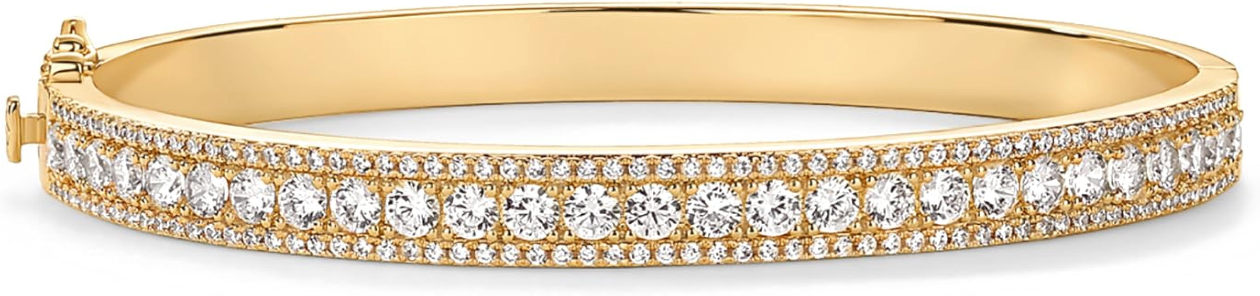 PAVOI 14K Gold Plated Cubic Zirconia Princess Cut Bangle Bracelet for Women | Classic Love Cuff C... | Amazon (US)