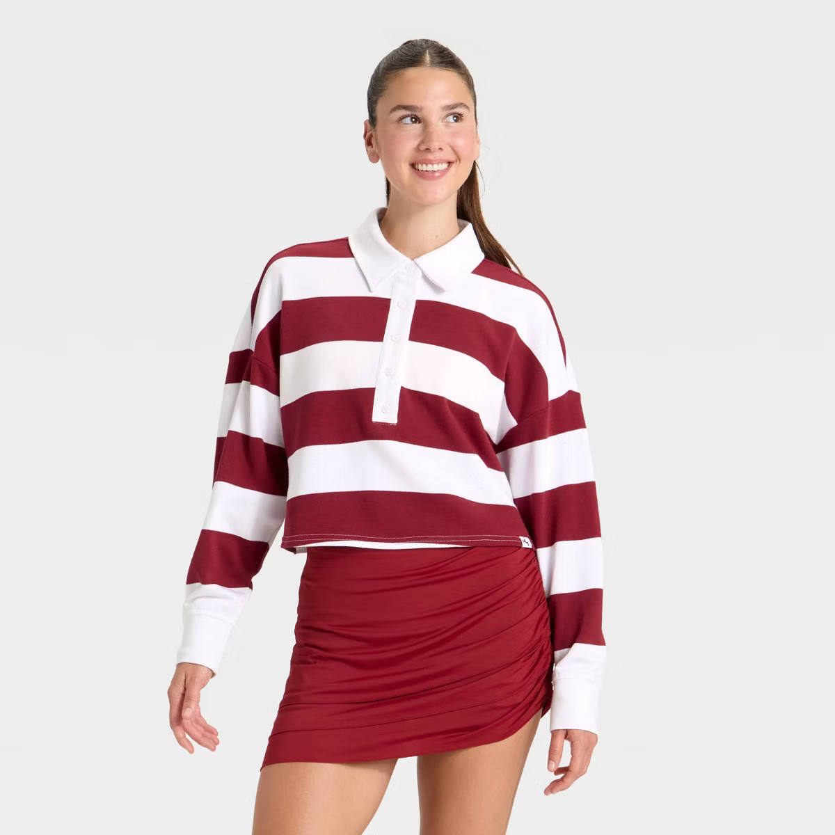 Women's Game Day Striped Cropped Long Sleeve Polo T-Shirt - JoyLab™ | Target