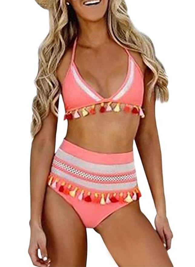 HUUSA Womens High Waist Two Pieces Bikini Set Stripe Tassel Padded Swimsuit Fashion Swimwear | Amazon (US)