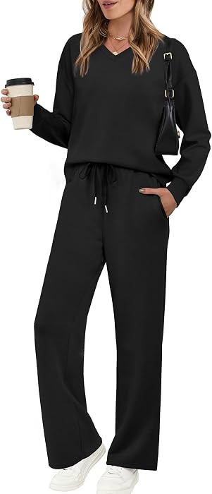 WIHOLL Lounge Sets for Women 2026 V Neck 2 Piece Outfits Airport Wide Leg Pants Matching Set Swea... | Amazon (US)
