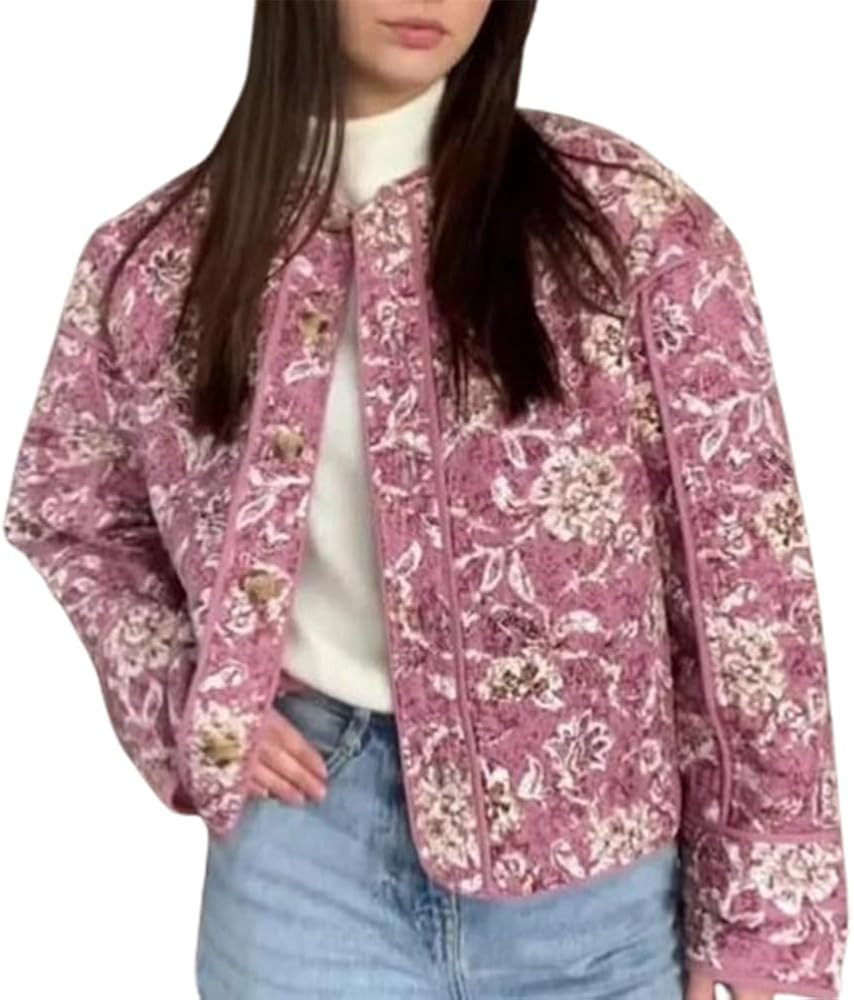 IMISSILLEB Women Retro Floral Quilted Jackets Long Sleeve Open Front Puffer Coat 2024 Fall Winter... | Amazon (US)