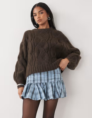 Monki boxy cropped cable knit jumper in chocolate brown | ASOS (Global)