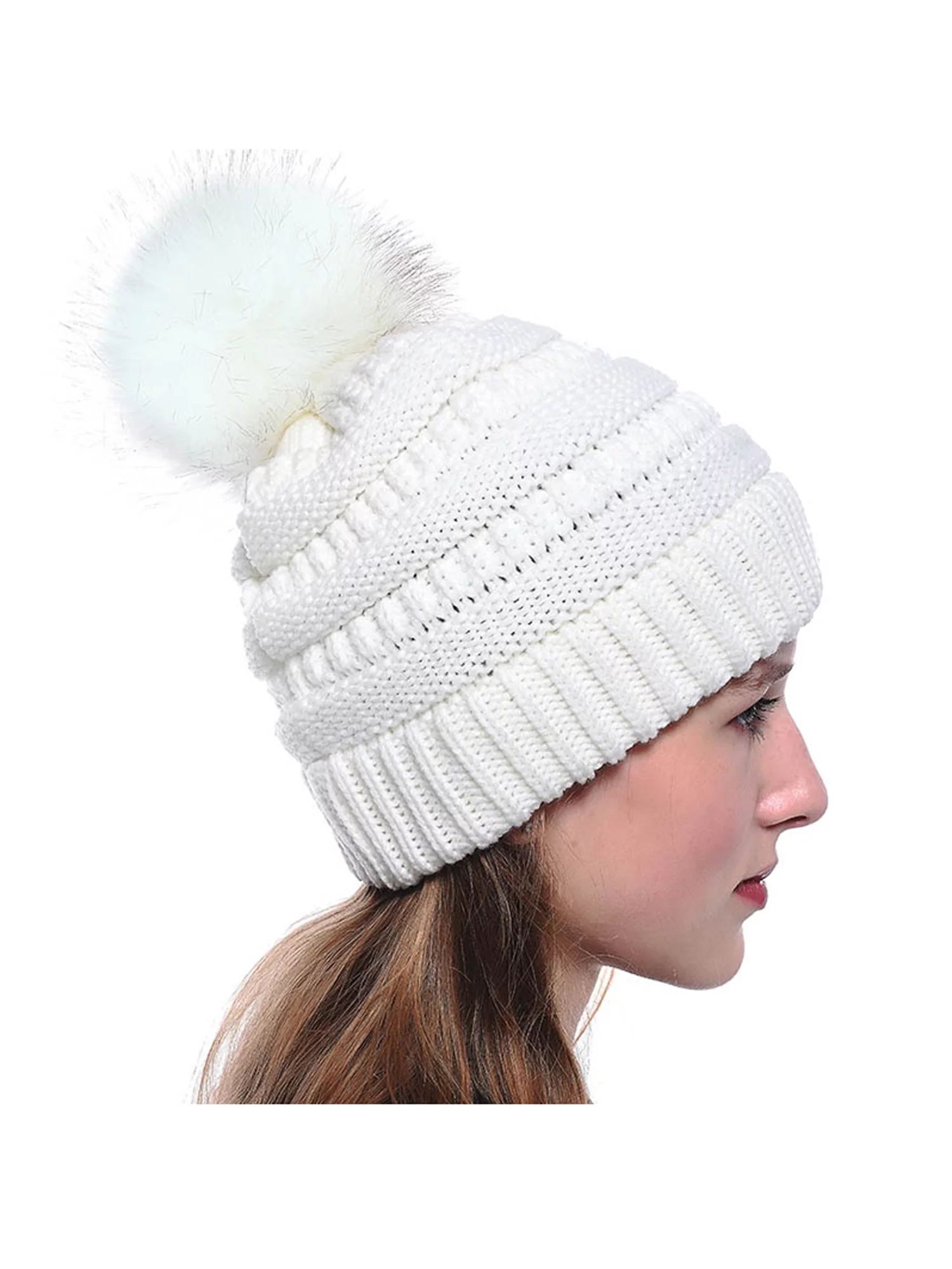 Womens Winter Knitted Warm Faux Fur Pom Pom Bobble Baggy Plain Beanie Hats Caps - Walmart.com | Walmart (US)