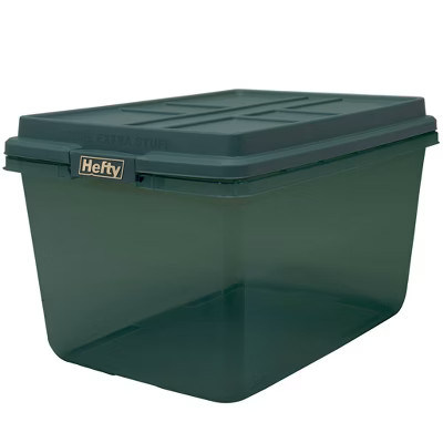 Hefty 72qt Hi-Rise Tinted Storage Box Green Lid with Latch and Gold Foil | Target