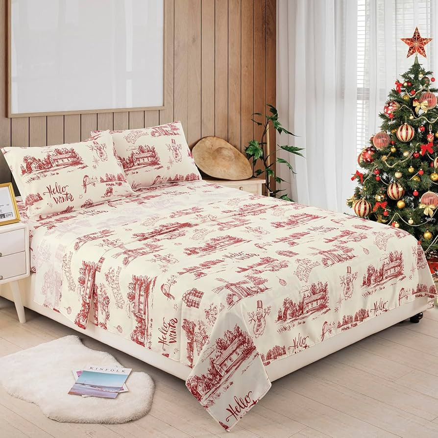Dinjoy Christmas Holiday Sheets Set Queen Size, Red Beige Snowman Christmas Tree Xmas Holiday Bed... | Amazon (US)