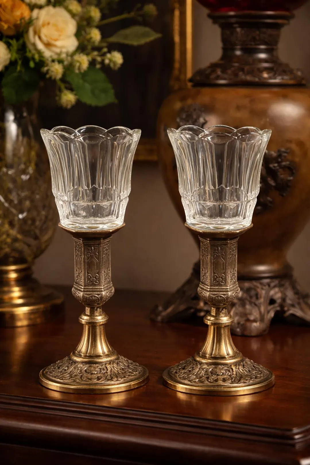 Homeco Diamond Crystal Votive Cups Peg Inserts Clear Ribbed Tulip Shape Pair for Vintage Candleho... | Etsy (US)