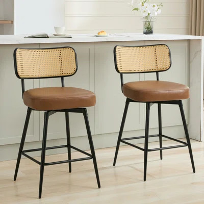 26" Swivel Faux Leather Upholstered Counter Stool with Rattan Back and Metal Frame | Wayfair North America