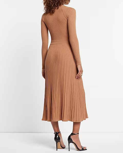 Long Sleeve Pleated Ribbed Midi Sweater Dress | Express