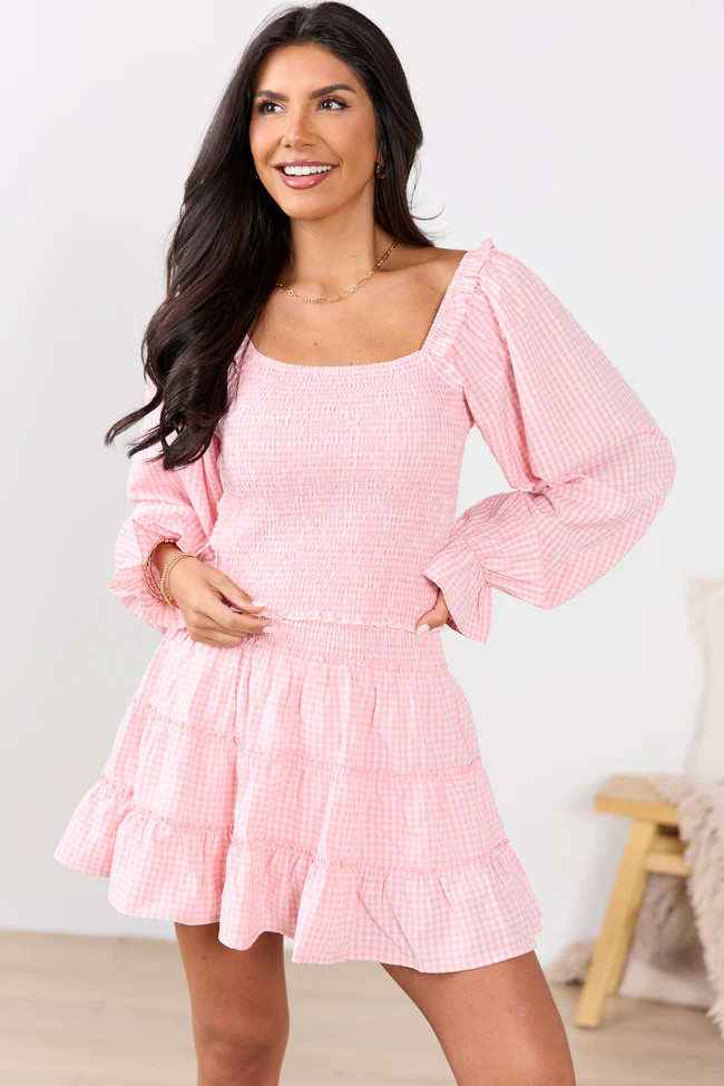 Willow Pink Gingham Smocked Balloon Sleeve Top | Pink Lily