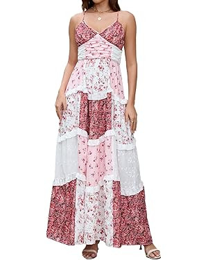 ABYOVRT Women Floral Maxi Dress Spaghetti Straps V Neck Patchwork Flowy Boho Sundress Tiered Long... | Amazon (US)