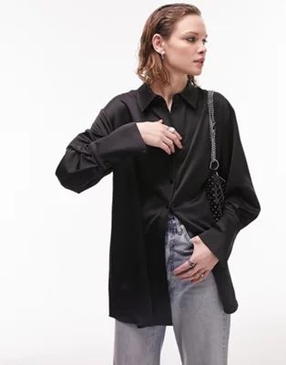 Topshop long sleeve satin shirt in black | ASOS (Global)