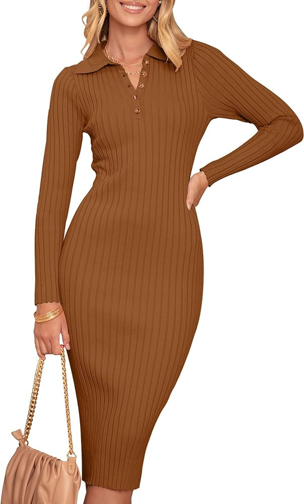 MEROKEETY Womens 2024 V Neck Ribbed Sweater Dress Long Sleeve Bodycon Knit Midi Dresses | Amazon (US)