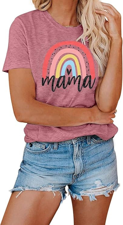 Mama Shirts for Women Rainbow Mom Graphic Tshirts Short Sleeve Casual Tee Tops | Amazon (US)