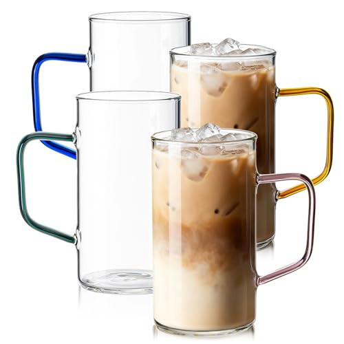 COMI Glass Coffee Mugs Set of 4, 17 oz Large Clear Coffee Cups with Colorful Handles, Hand Blown & Seamless Design, Heat Resistant and Explosion-Proof, Lightweight Tea Mugs for Home,Cafe | Amazon (US)