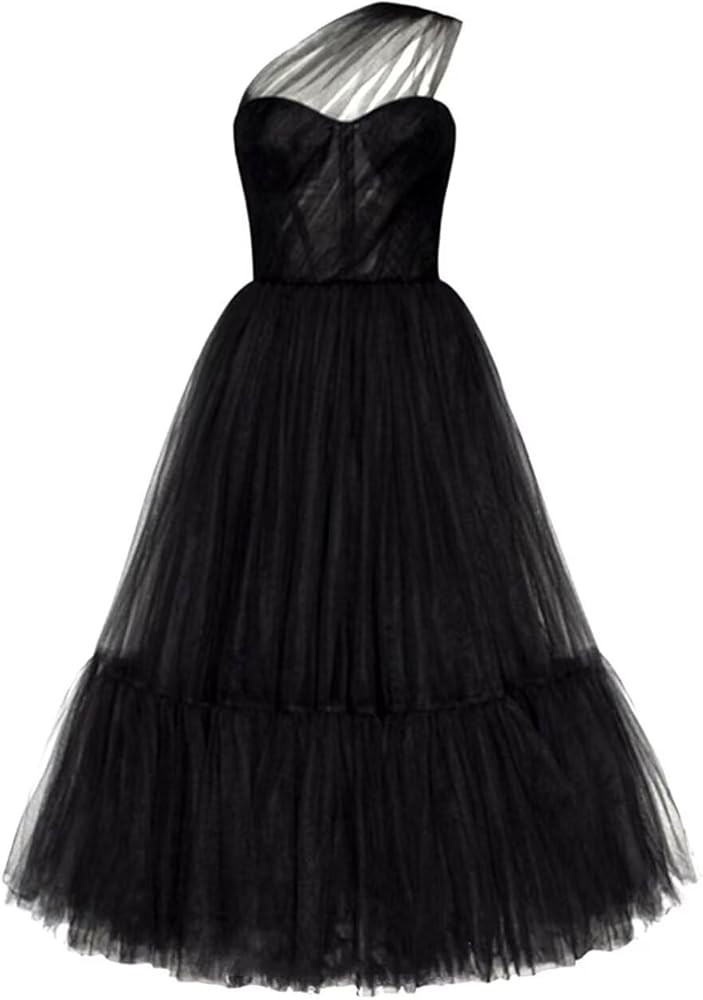 Dydsz Women's One Shoulder Long Prom Dress Tulle Evening Party Dresses Bridesmaid Gown Tea Length | Amazon (US)