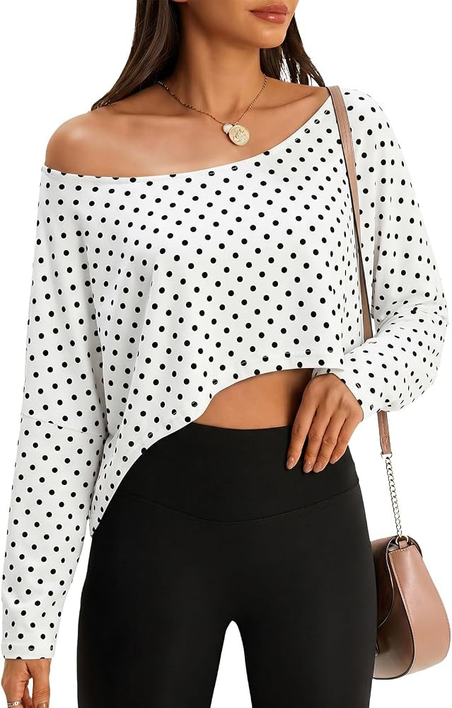 Fisoew Womens Off The Shoulder Cropped Tops Batwing Long Sleeve Loose Fit Summer Boat Neck Workou... | Amazon (US)