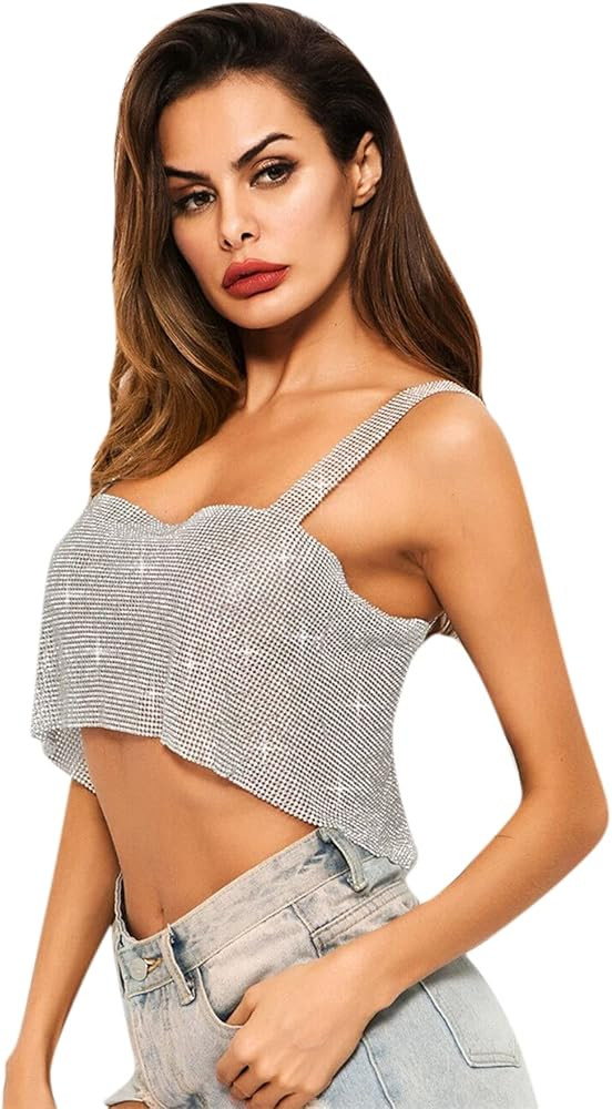 Women Sexy Sparkly Crystal Rhinestone Rave Crop Top Sleeveless Vest Shirt Body Chain for Clubwear Fe | Amazon (US)