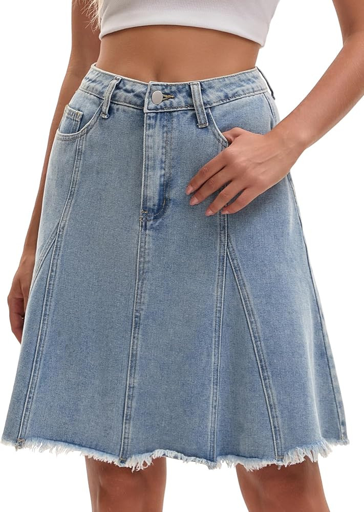 Women's Denim Skirt A Line High Waist Flared Raw Hem with Pockets Casual Jean Skirts | Amazon (US)