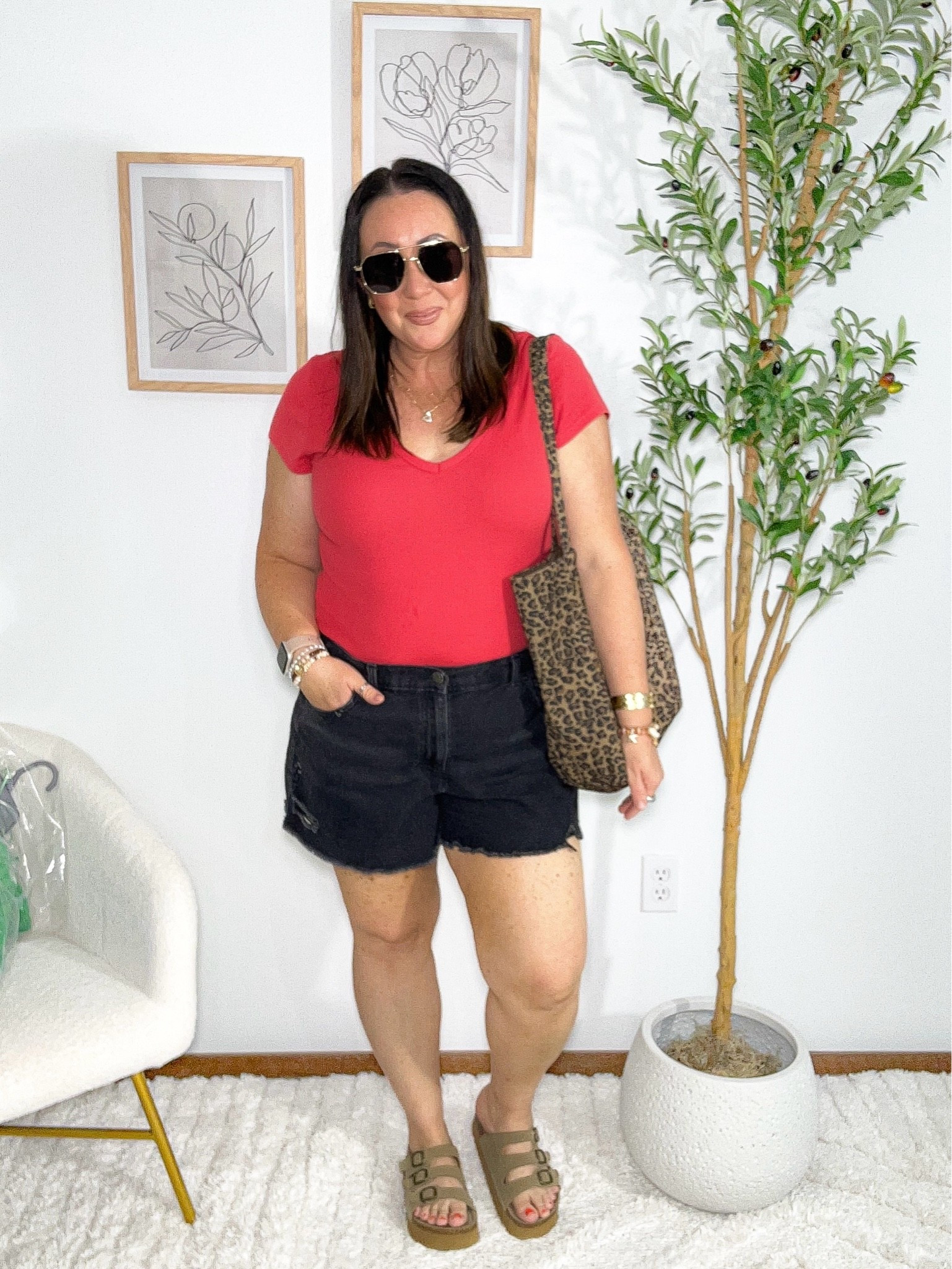 Casual OOTD! XL ribbed v neck tee! On sale for $11.97!
Size XL denim shorts. On sale for
$25!  Sandals run true to size. Some of my most worn sandals the last few summers!

#LTKMidsize #LTKOver40 #LTKSaleAlert