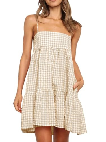 Wenrine Womens Summer Plaid Mini Dress Casual Spaghetti Strap Sleeveless A Line Beach Sundress wi... | Amazon (US)