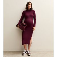 Women's Maternity Burgundy High Neck Side Slit Ribbed Jersey Midi Dress New Look | New Look (UK)