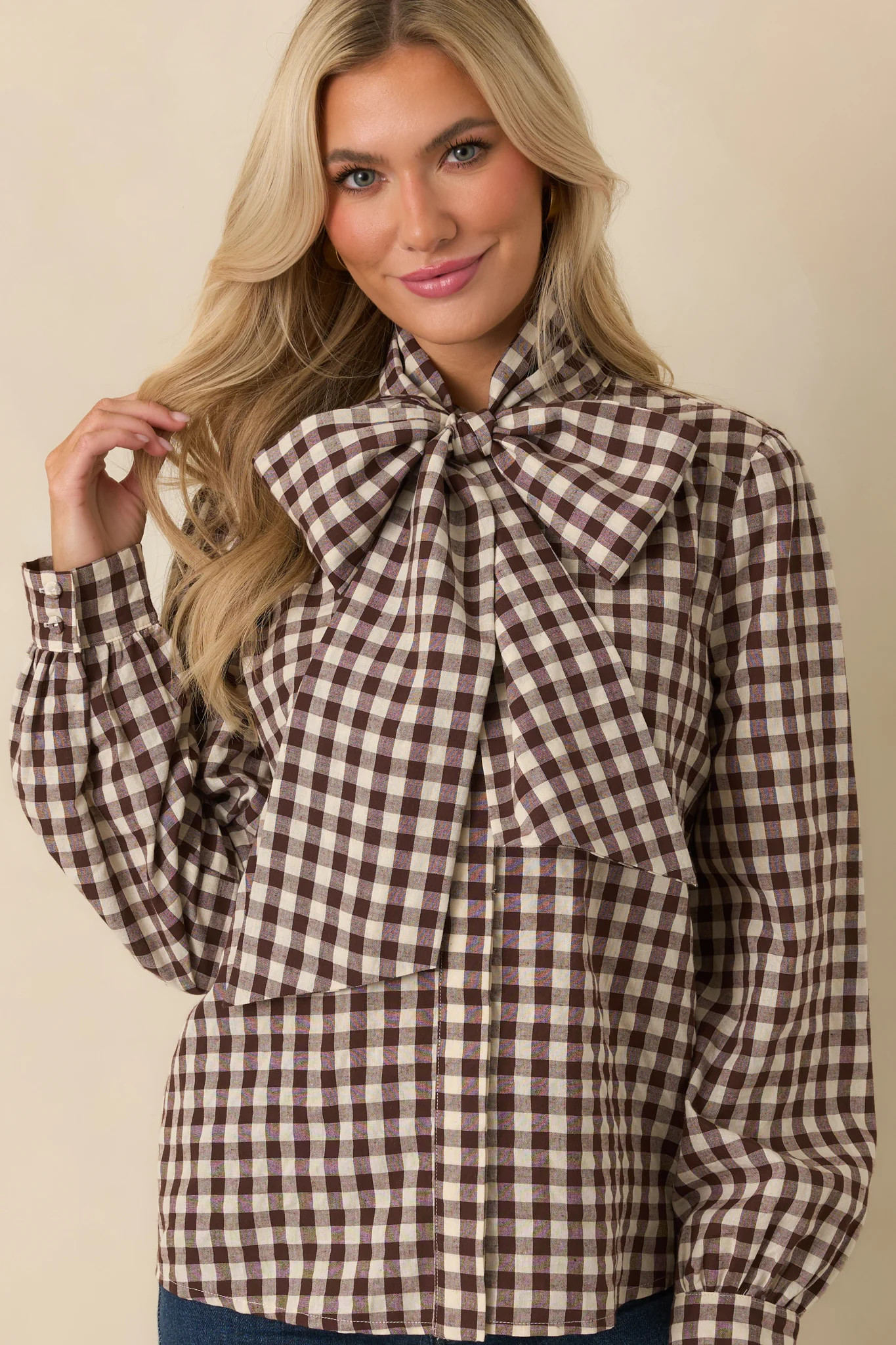 Prosperina Parker Chocolate Brown Gingham Tie Neck Blouse | Red Dress
