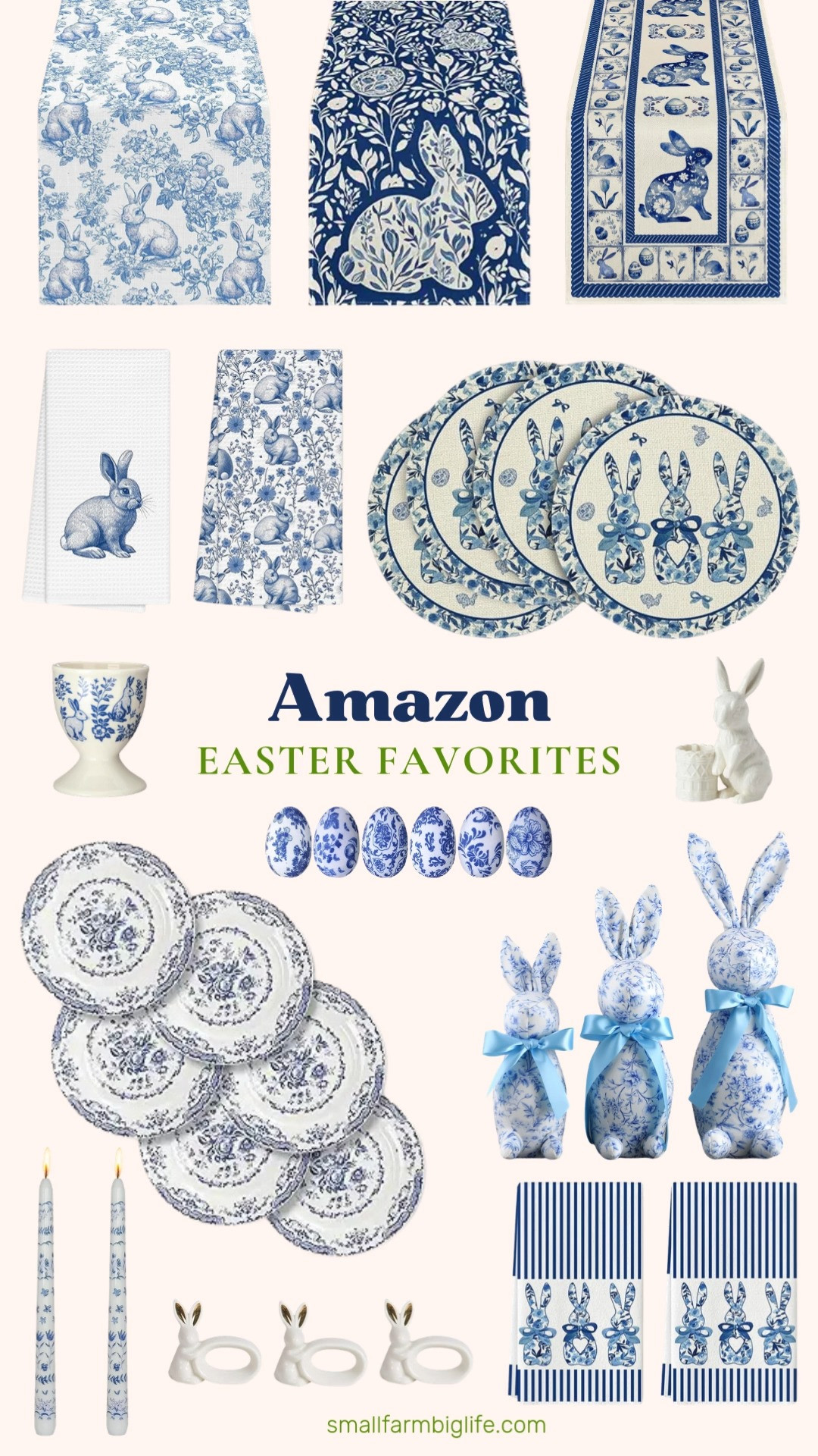 If you love a classic blue and white moment for spring, this Easter table is for you 🤍💙

From chinoiserie bunny decor and porcelain look taper candles to Lenox bunny candle holders, blue floral plates, and the prettiest blue and white Easter table runners. Everything feels timeless and elegant. I added bunny napkin rings, egg cups, and chinoiserie bowl filler to make it feel layered but still fresh for spring.

Linking all my Amazon blue and white Easter favorites to make decorating your table easy and beautiful this season 🐰✨ 

 #LTKfoodie #LTKSeasonal #LTKHome