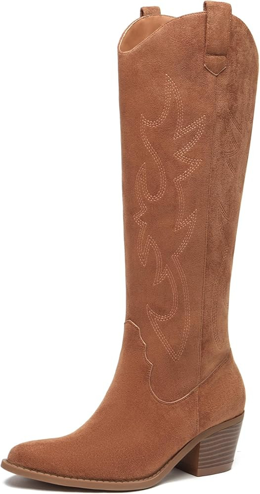 Athlefit Women's Western Embroidered Cowboy Boots Pointed Toe Chunky Heel Pull On Knee High Boots | Amazon (US)