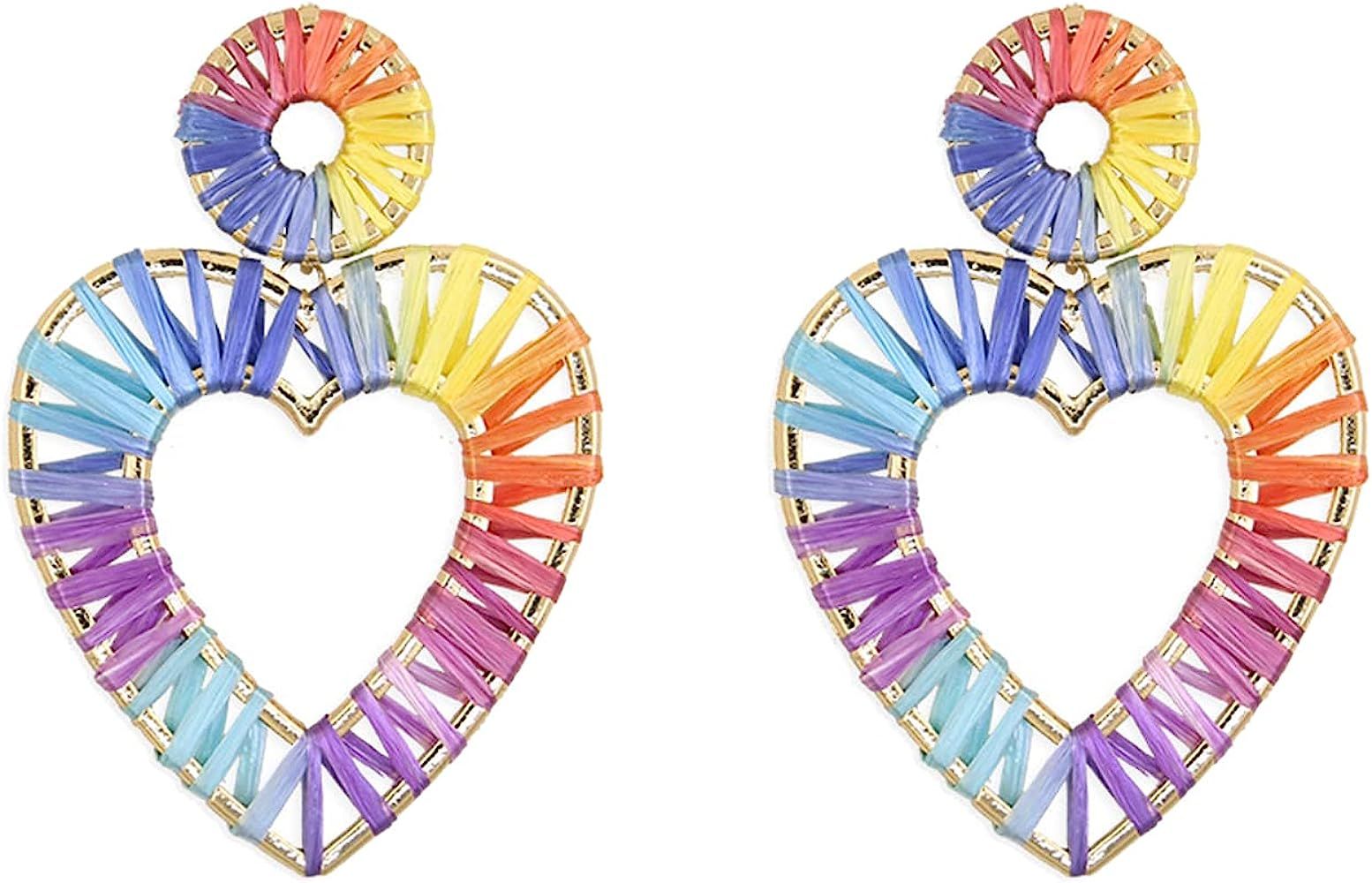 Boho Colorful Rainbow Earrings Raffia Hoop Earrings for Women Bohemian Statement Rattan Earrings ... | Amazon (US)