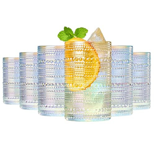 Hobnail Beaded Highball Drinking Tumbler Glasses | Set of 6 | Clear, Vintage Bubble Design Whiskey Glassware, Old-Fashioned, Embossed Design, Water, Wine, Cocktail Embossed Heavy Glass, Rocks Glass | Amazon (US)