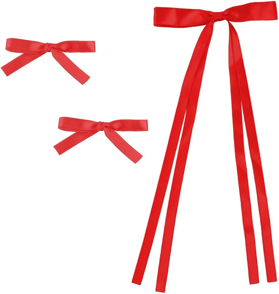 Women's Satin Hair Bows, Set of 3, 1 Hair Clip with Long Tails, 2 Hair Bows with Short Tails (Red... | Amazon (US)