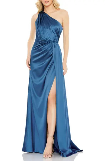 Mac Duggal Gathered One Shoulder Satin Faux Wrap Gown | Nordstrom | Nordstrom