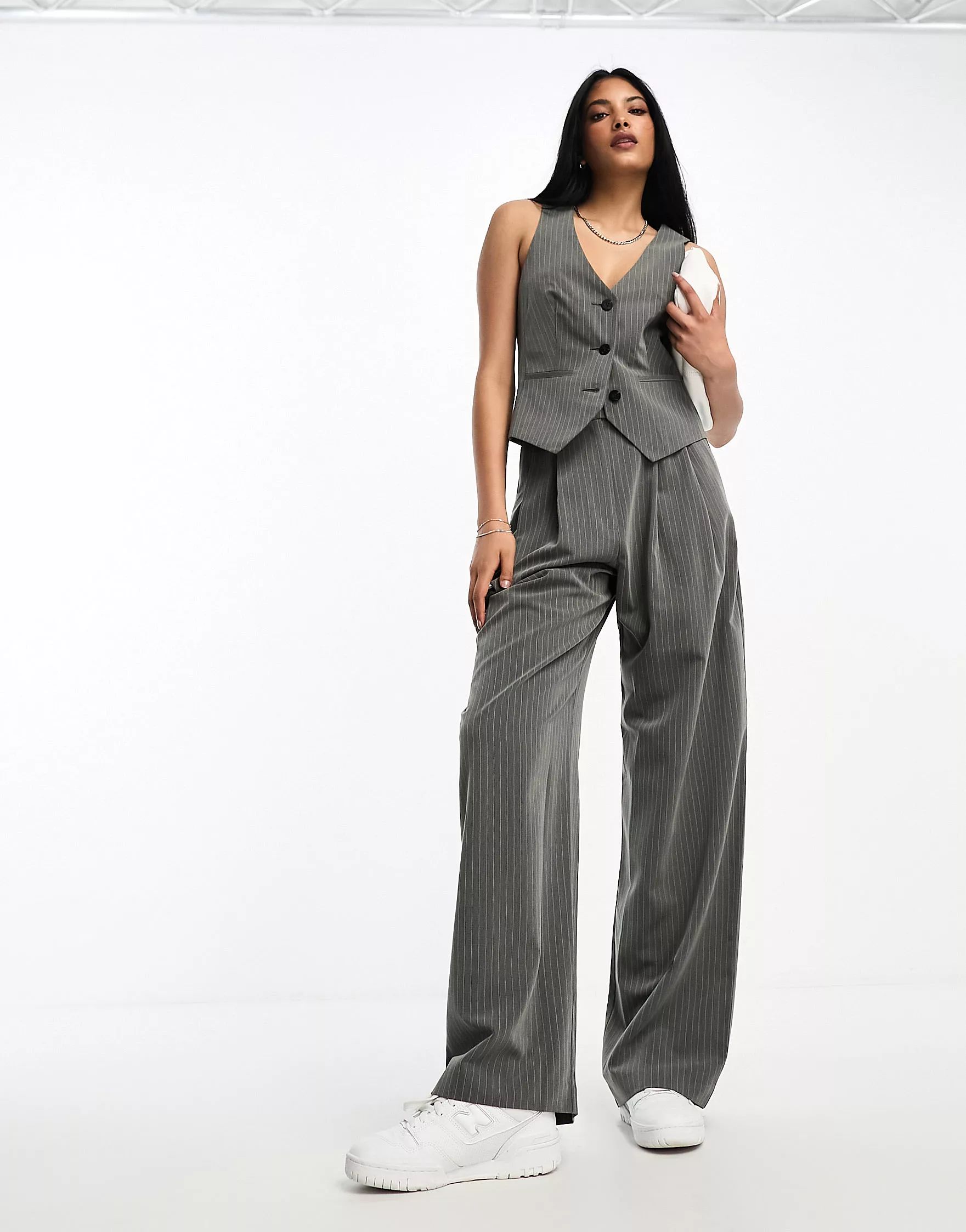 ASOS DESIGN wide leg pleated striped pants in gray | ASOS (Global)