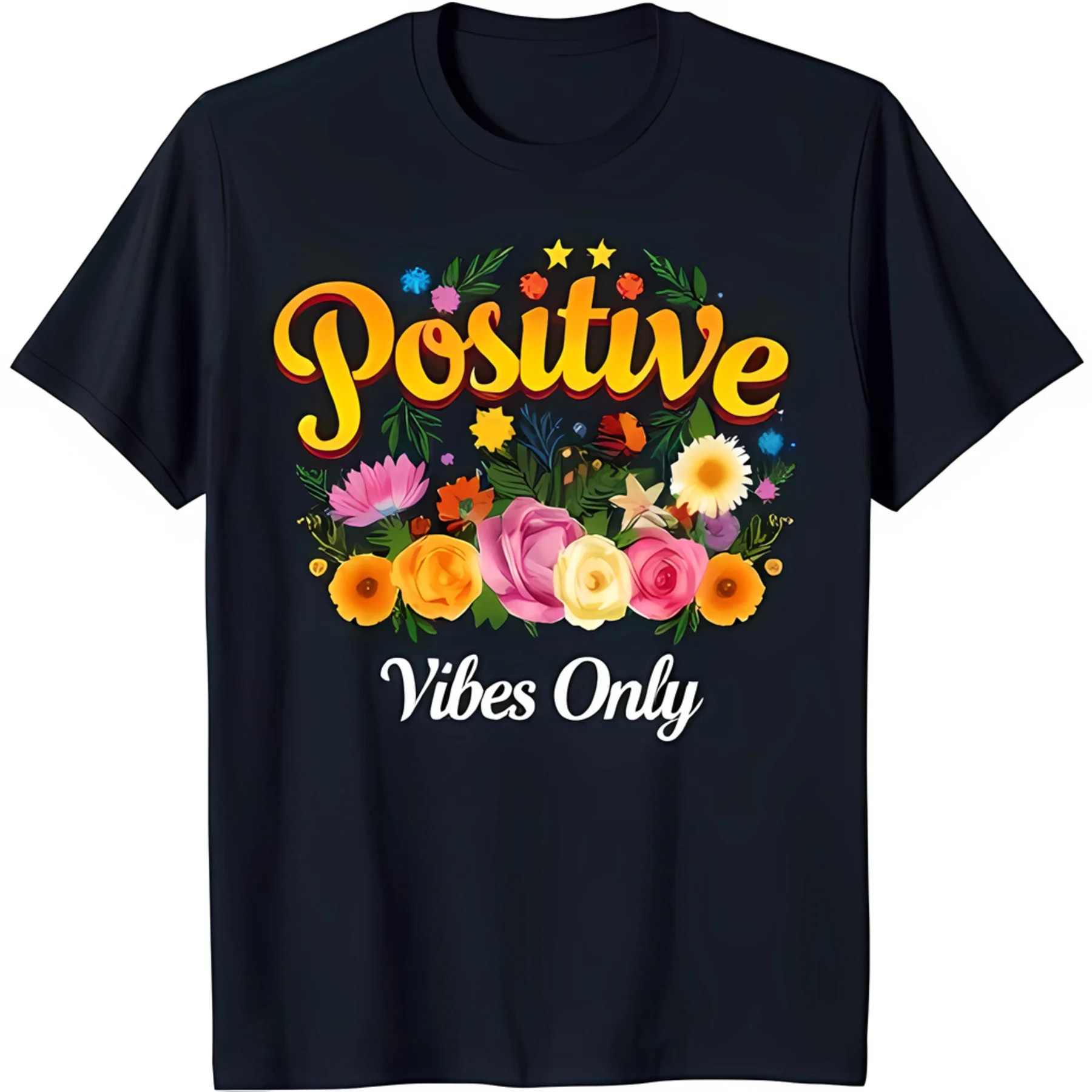 Floral Design Blue T-Shirt with 'Positive Vibes Only' Print | Walmart (US)