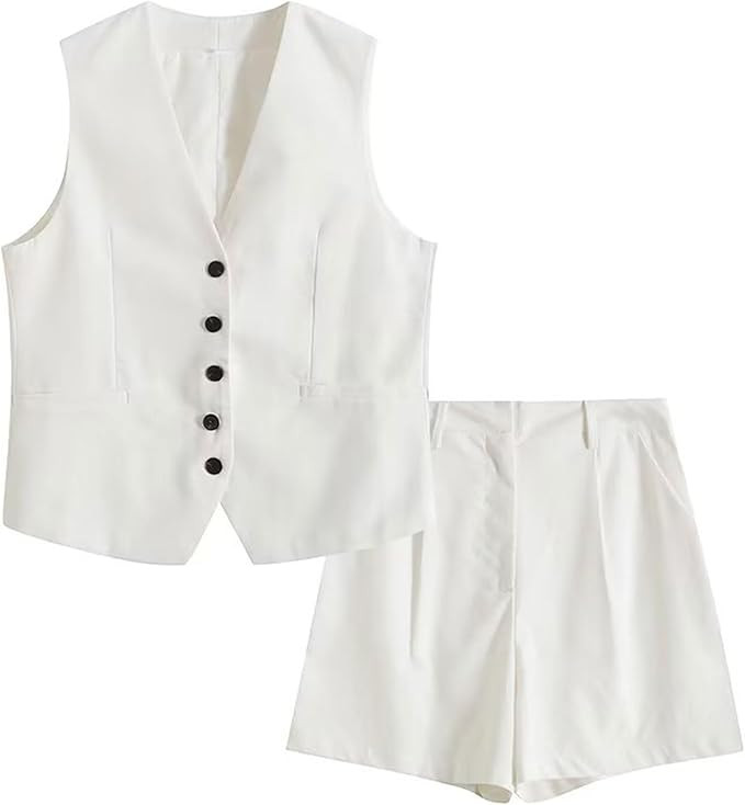 Bozanly Summer 2 Piece Outfits for Women Button Down Sleeveless Blazer Vest High Waist Shorts Mat... | Amazon (US)