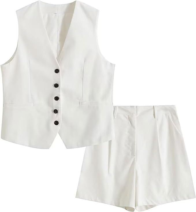 Bozanly Summer 2 Piece Outfits for Women Button Down Sleeveless Blazer Vest High Waist Shorts Mat... | Amazon (US)
