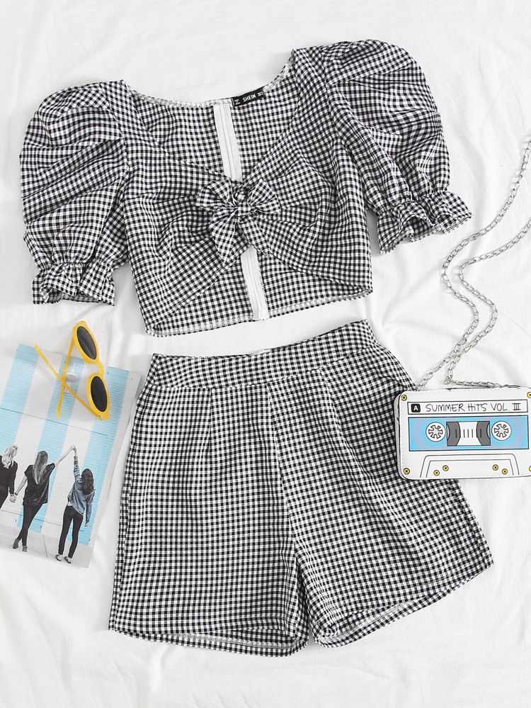 Puff Sleeve Tie Front Gingham Top & Shorts Set | SHEIN