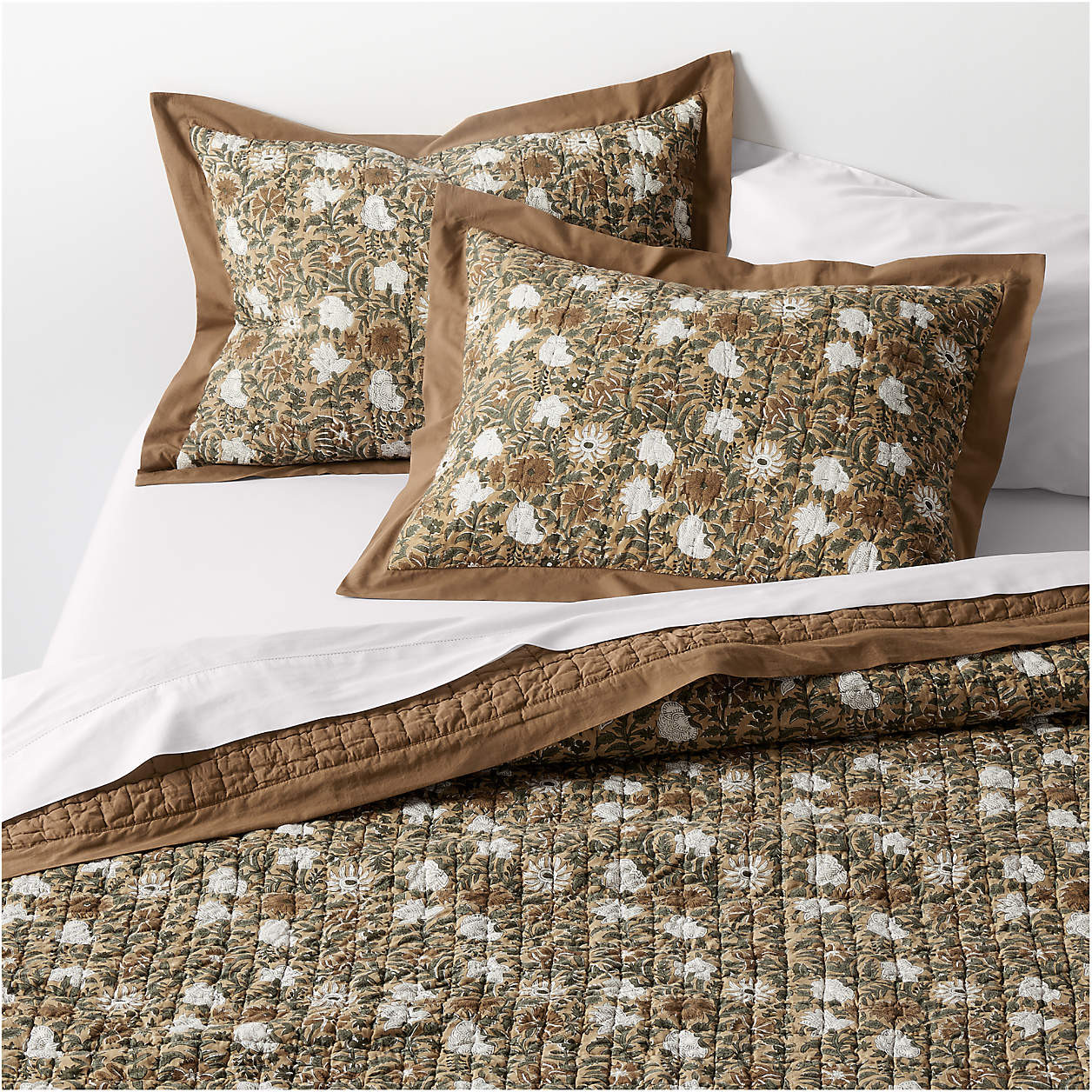 Celeste Organic Cotton Taupe Desert Floral Block Print King Quilt + Reviews | Crate & Barrel | Crate & Barrel