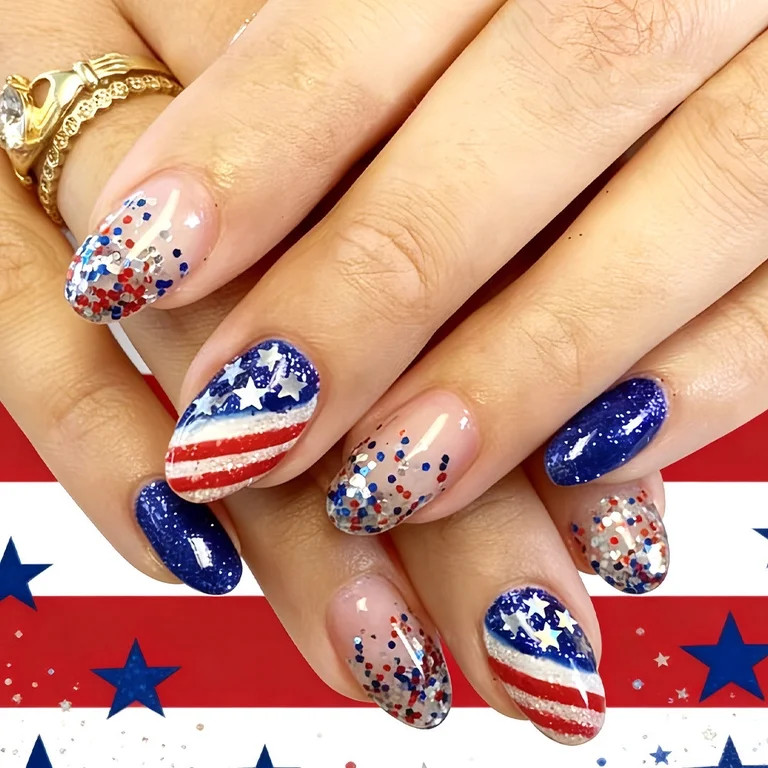 4th of July Press on Nails Short Square Fake Nails Independence Day False Nails Press ons with Am... | Walmart (US)
