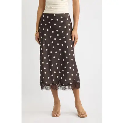 Open Edit Lace Trim Satin Midi Skirt in Blue Umbra at Nordstrom, Size Large | Nordstrom
