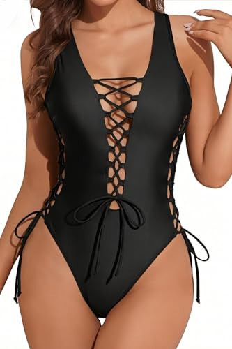 Holipick Women Black Sexy One Piece Swimsuit One Shoulder Bathing Suit Lace Up Swimwear Monokini 22W | Amazon (US)