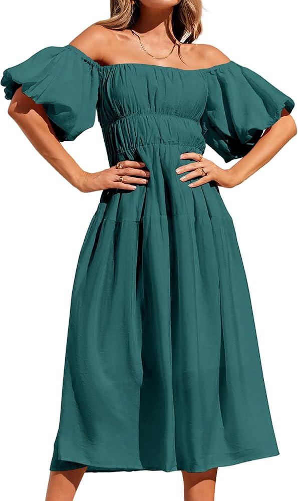 Women's 2024 Boho Off Shoulder Dress Puff Short Sleeves Flowy A Line Beach Party Midi Dresses | Amazon (US)