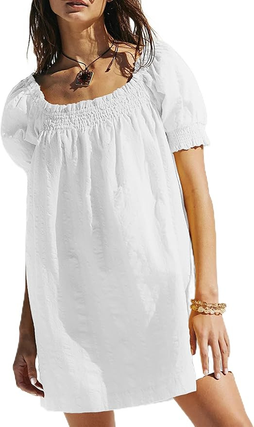 Huaqiao Womens Summer Mini Dress 2026 A-Line Square Neck Puff Sleeve Beach Sundress Casual Short ... | Amazon (US)