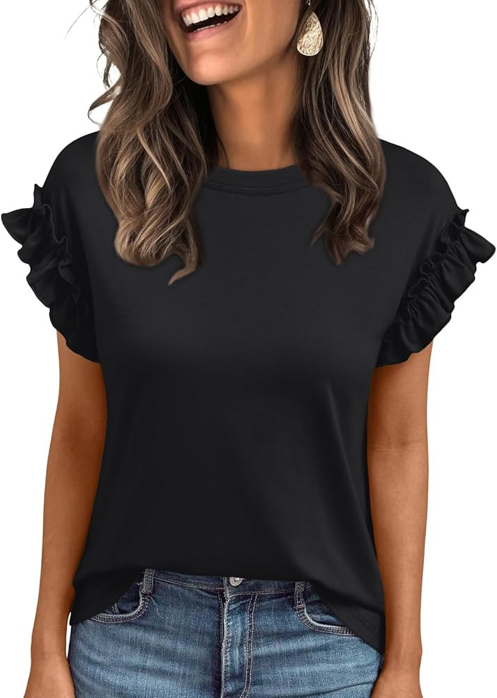 AUTOMET Womens Summer Short Sleeve Tops Trendy Business Casual Tshirts 2026 Cute Dressy Ruffle Cr... | Amazon (US)