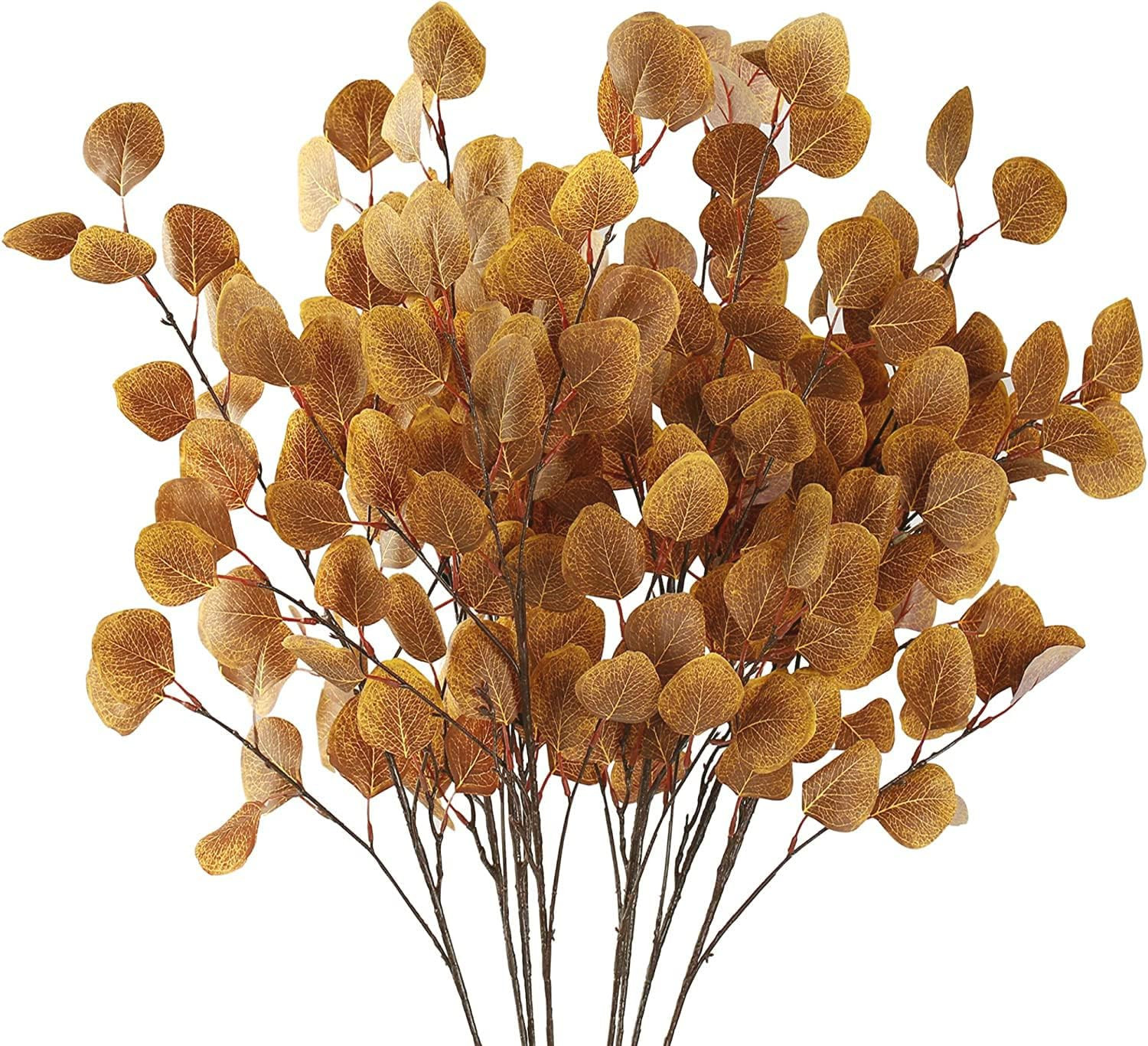 Sggvecsy 6 Pcs Fall Eucalyptus Leaves Artificial Eucalyptus Stems Long Silver Dollar Leaves Autumn Leaf Branches Fake Silk Eucalyptus for Christmas Home Autumn Thanksgiving Decor(Dark Yellow) | Amazon (US)