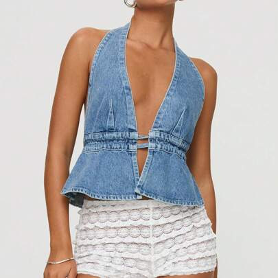 Denim Tank Tops For Women Sleeveless Lace Up Halter Vest Deep V Neck Ruffle Hem Tie Back Vintage Jean Vest | SHEIN