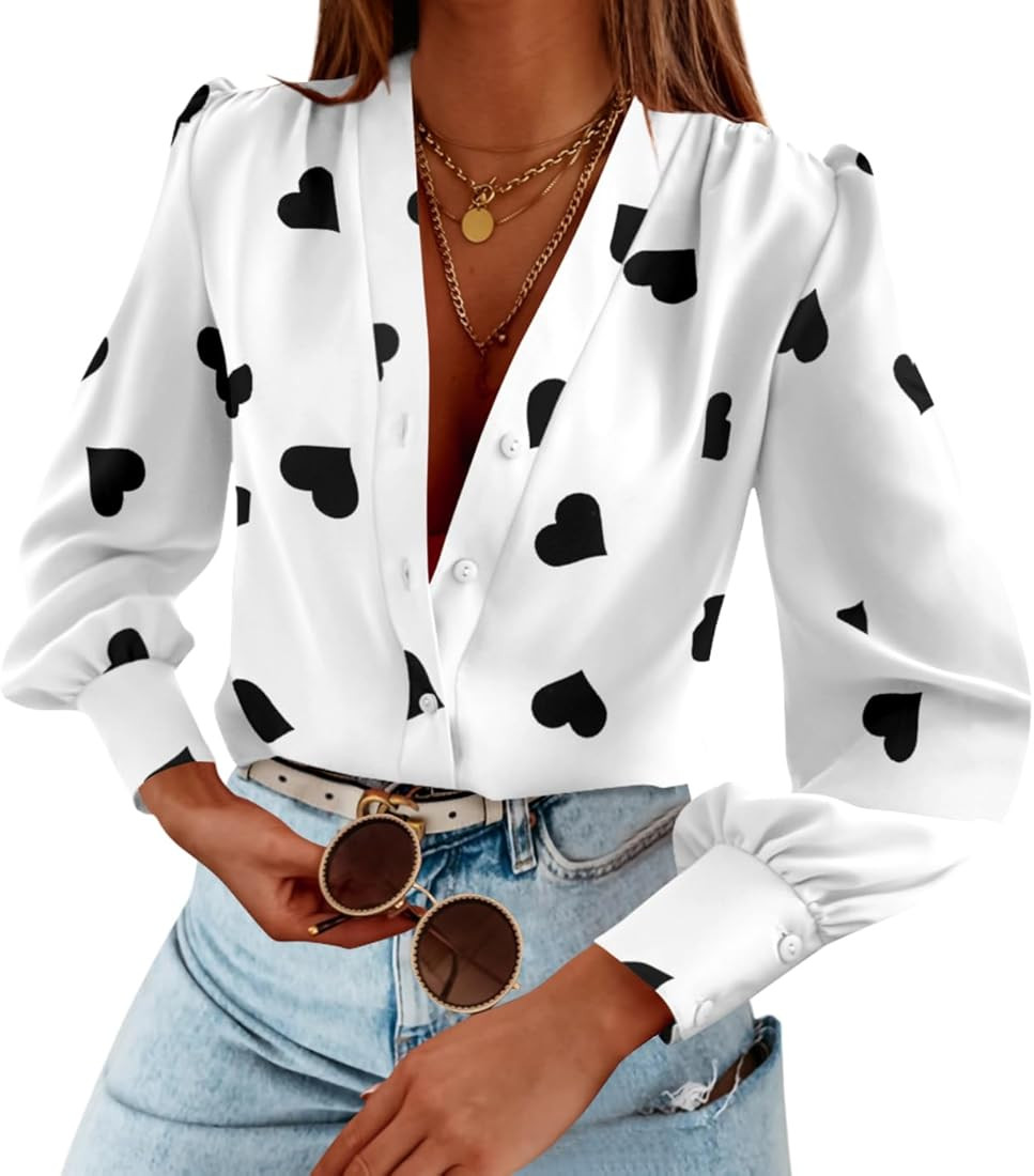 Women's Business Casual Tops Summer Long Sleeve Silk Button Down Shirts V Neck Chiffon Blouses | Amazon (US)